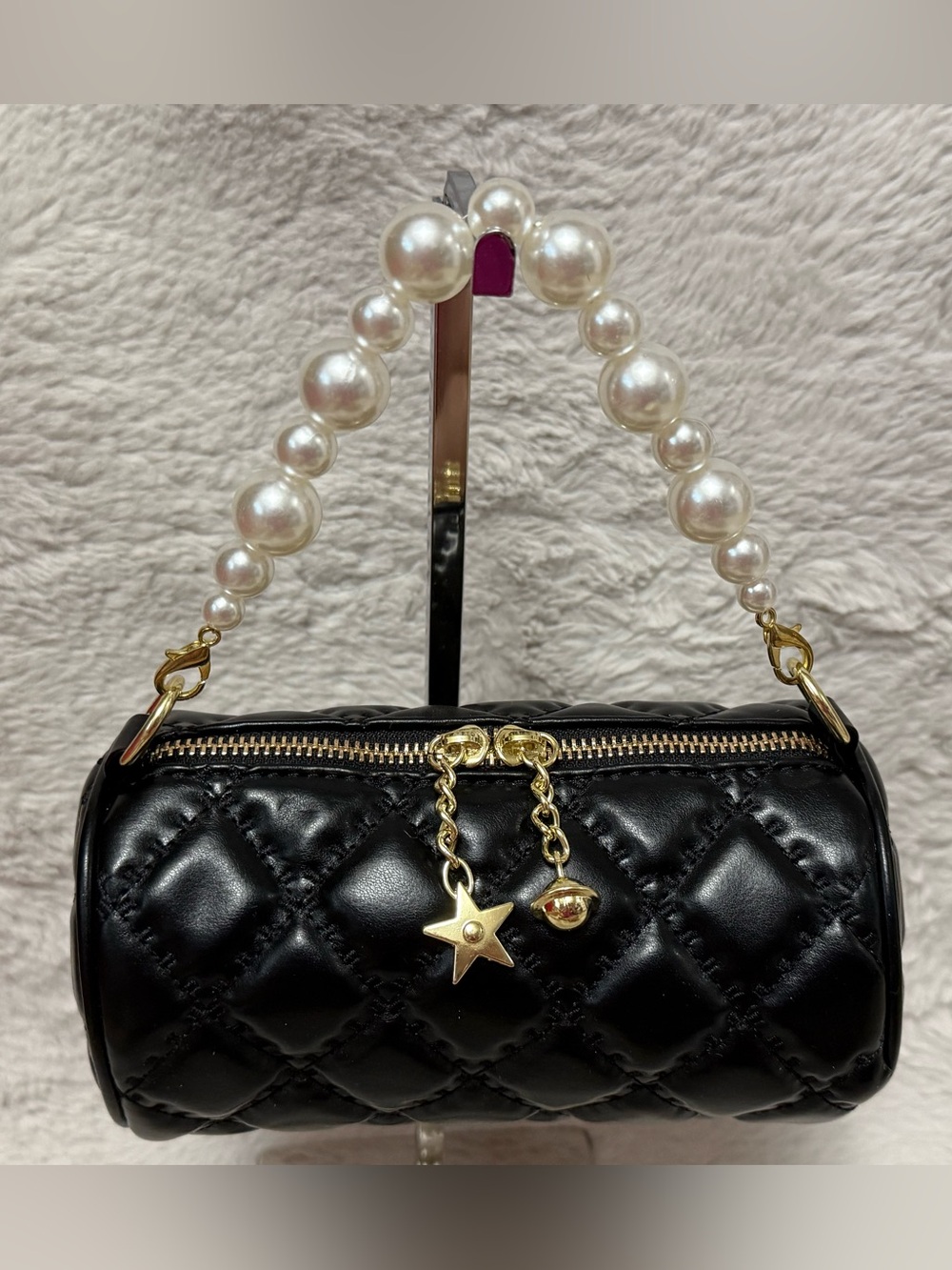 Quilted Black Mini Barrel Bag with Pearl Top Handle